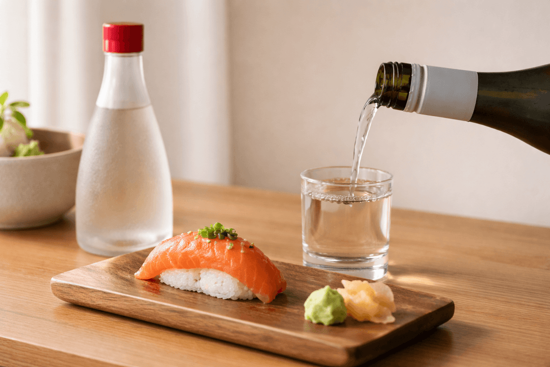Sake being poured beside sushi showing ideal food pairing for online sake buyers