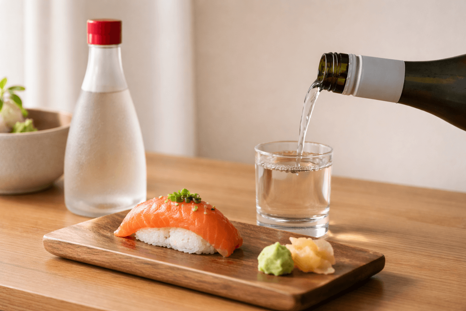 Sake being poured beside sushi showing ideal food pairing for online sake buyers