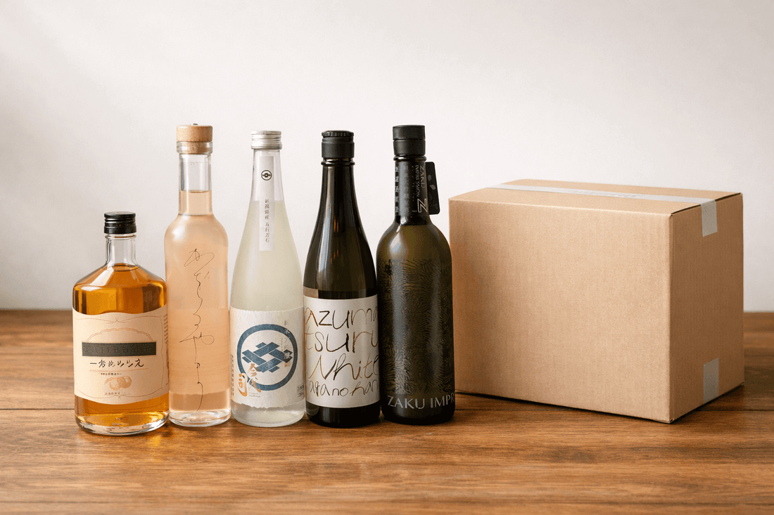 Selection of premium Japanese sake bottles with shipping box for U.S. online orders