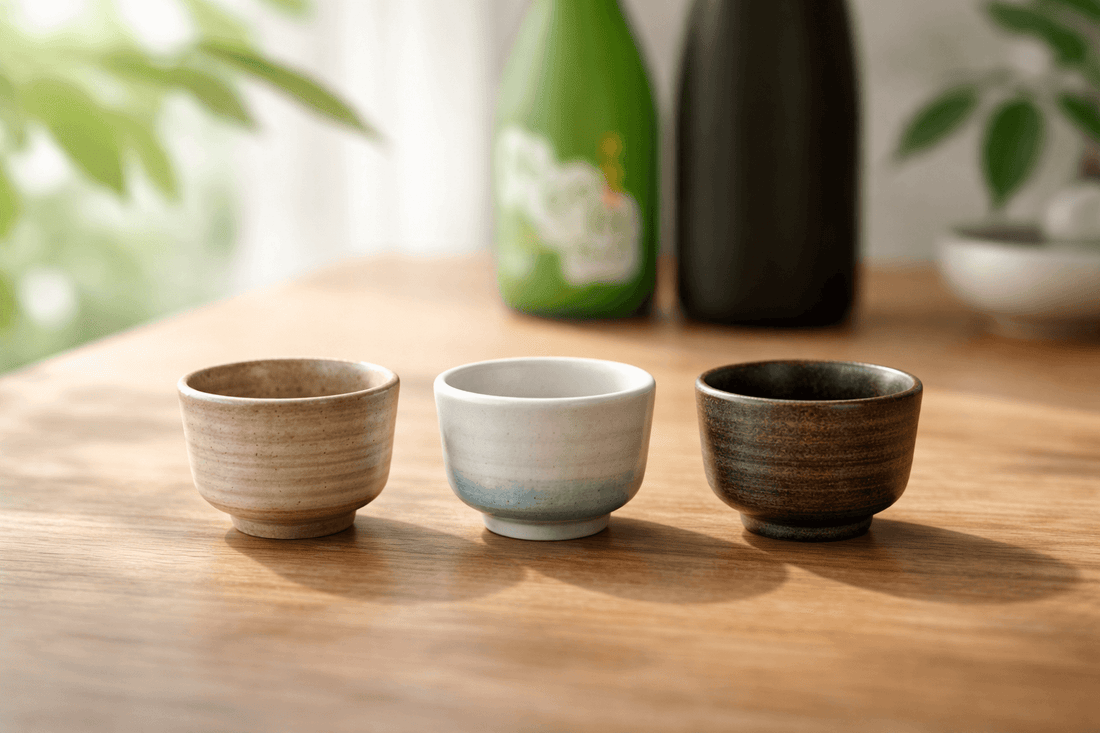 Three sake tasting cups representing dry to sweet flavor comparison using SMV