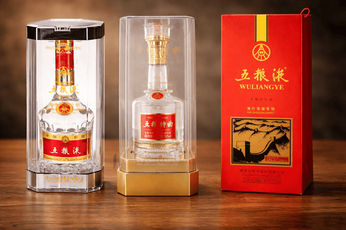 Wuliangye baijiu bottles and gift packaging displayed to represent luxury Chinese spirits