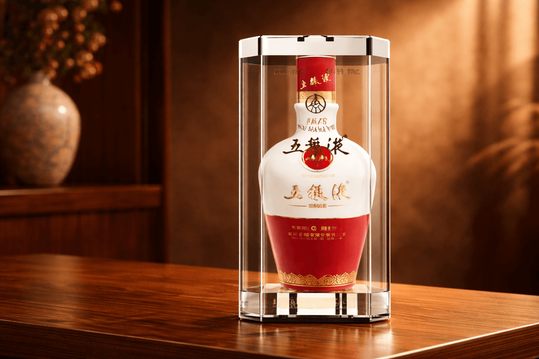 Wuliangye 1618 baijiu bottle in display case highlighting collectible and status appeal