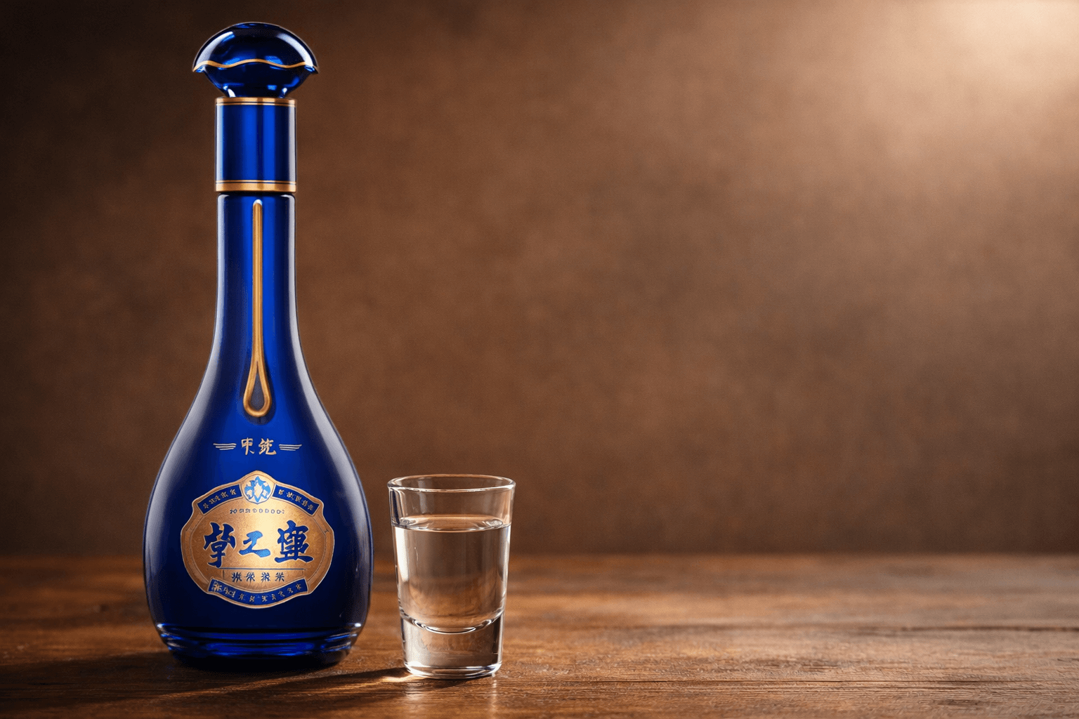 Elegant blue Yanghe baijiu bottle with tasting glass highlighting smooth flavor for beginners