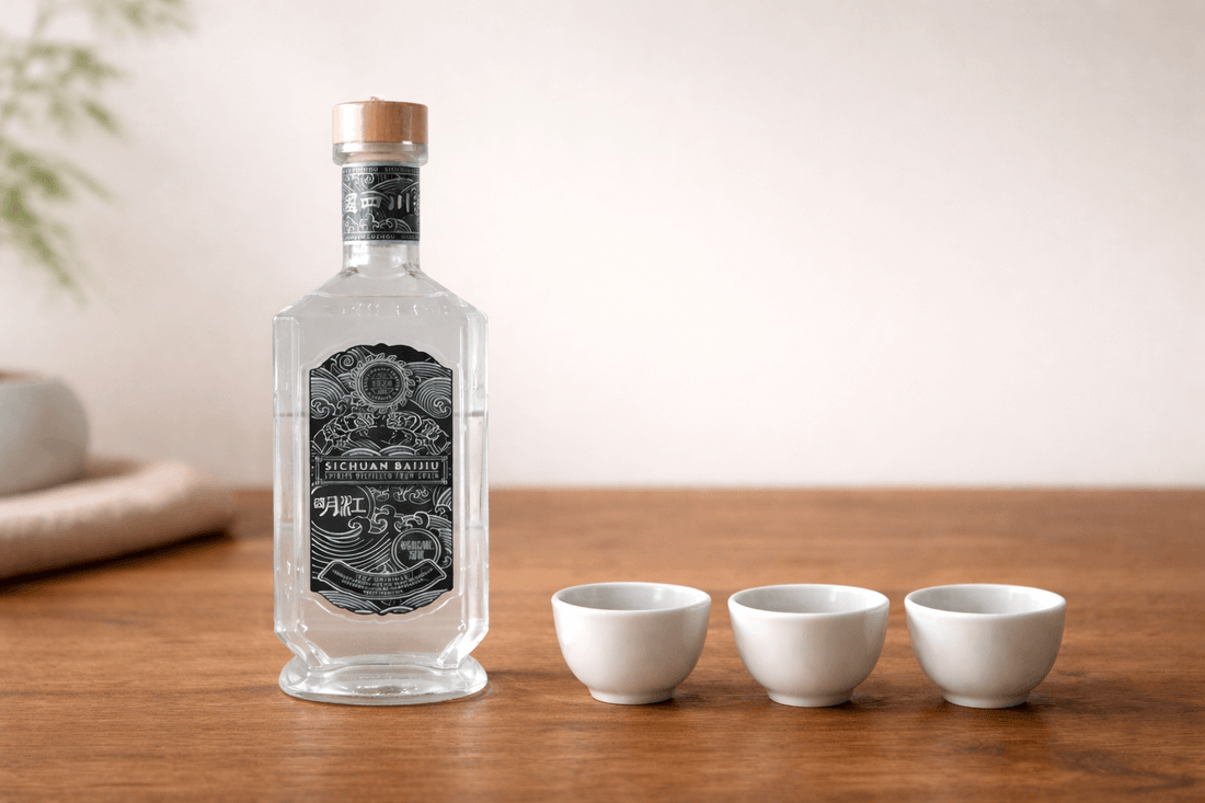 Clear baijiu bottle displayed with three small ceramic tasting cups.