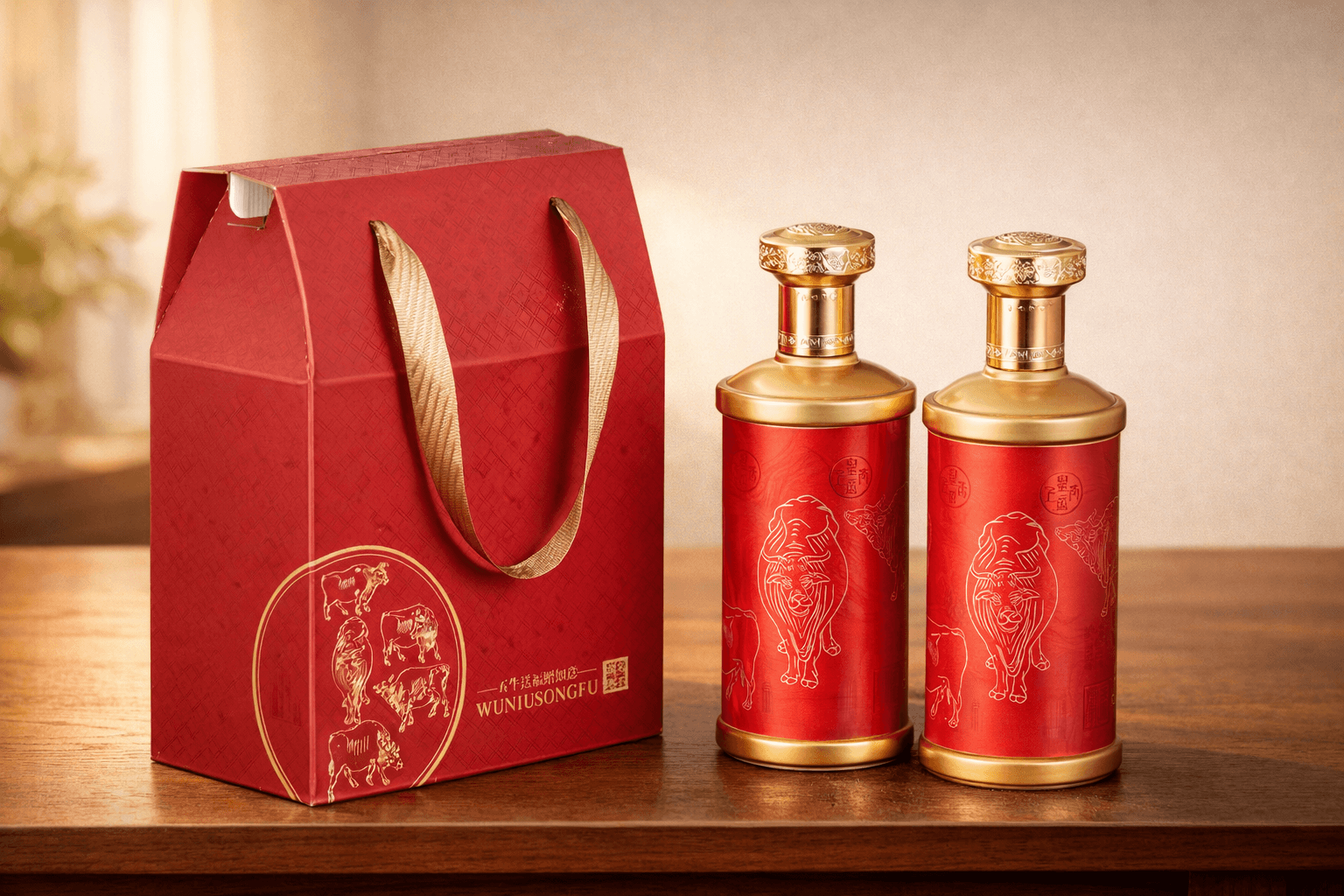 Luxury baijiu gift set with two red bottles and a matching gift bag.