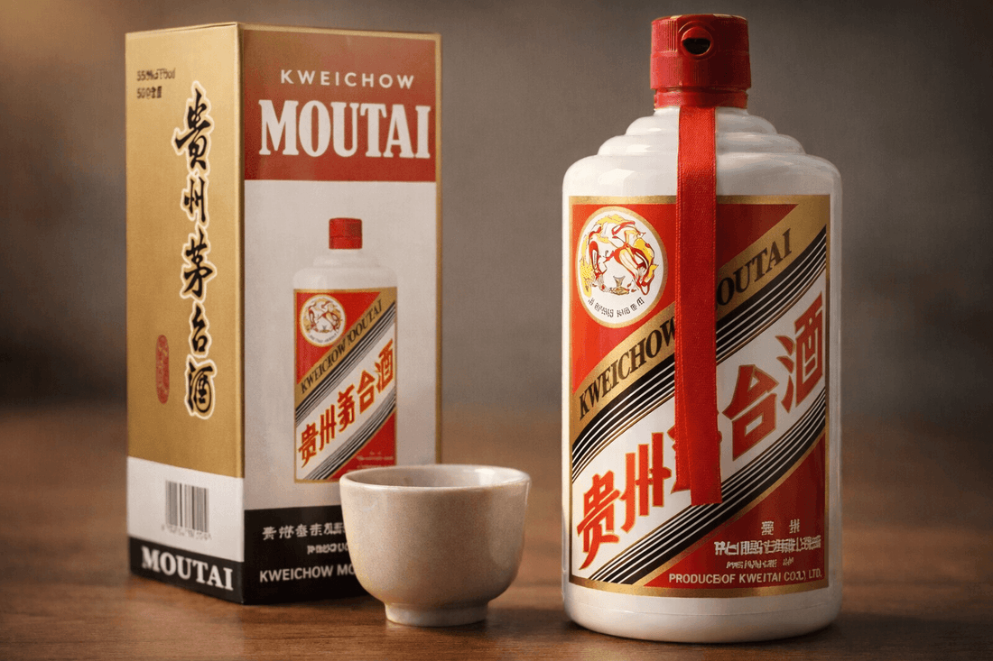 Kweichow Moutai bottle displayed with its original box and ceramic cup.