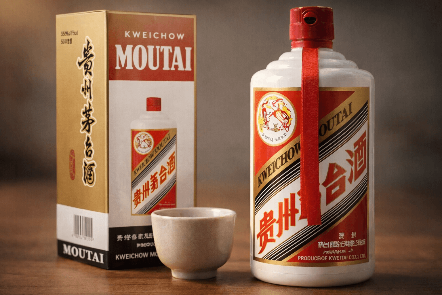 Kweichow Moutai bottle displayed with its original box and ceramic cup.