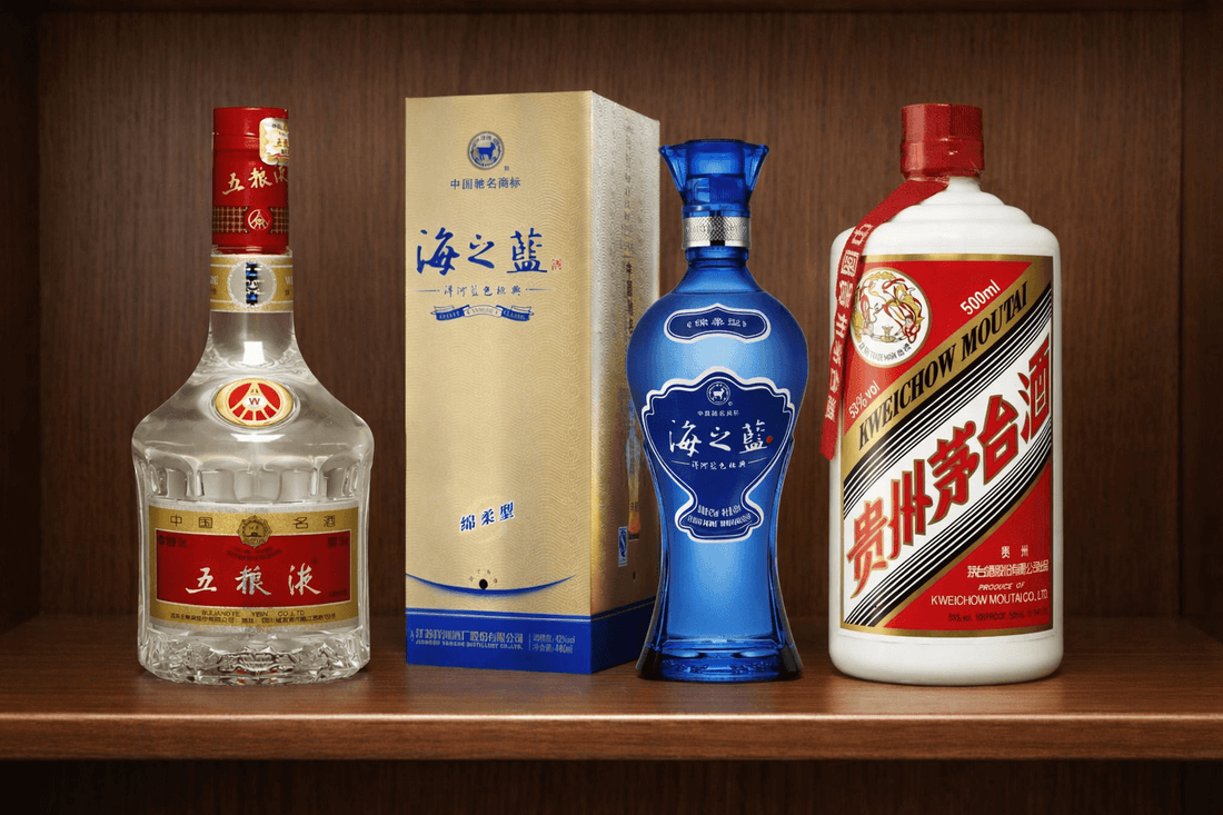Display of premium baijiu brands including Kweichow Moutai and other luxury bottles.