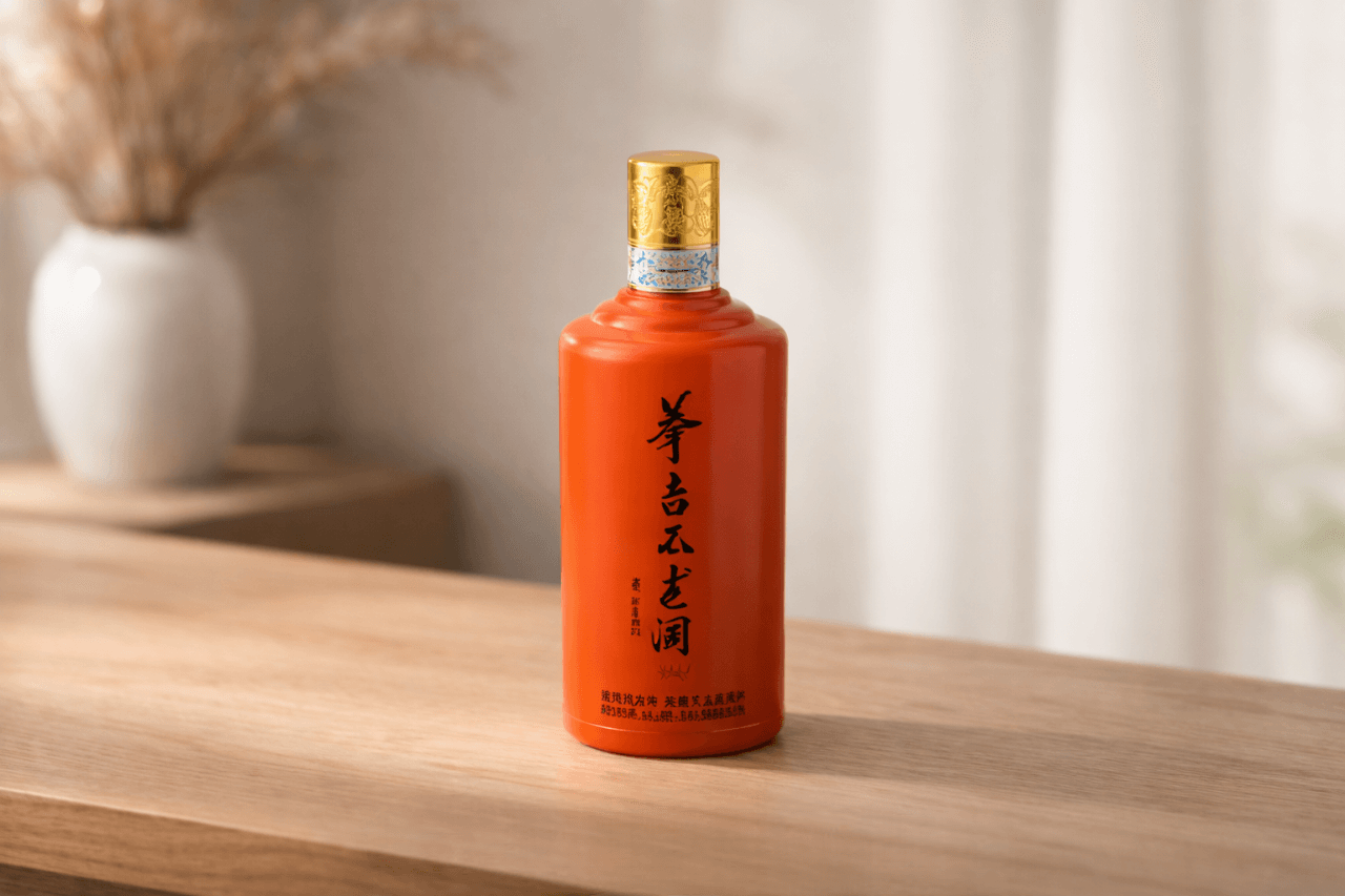 Premium red ceramic baijiu bottle displayed on a wooden surface.