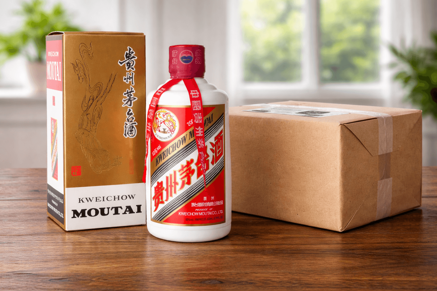 Kweichow Moutai bottle with box and shipping package showing secure delivery for authentic Moutai USA online orders