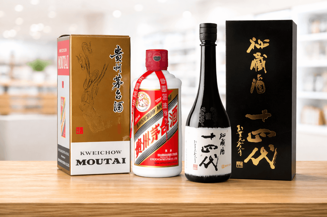 Kweichow Moutai and Japanese sake bottles displayed together comparing premium baijiu and sake for buyers