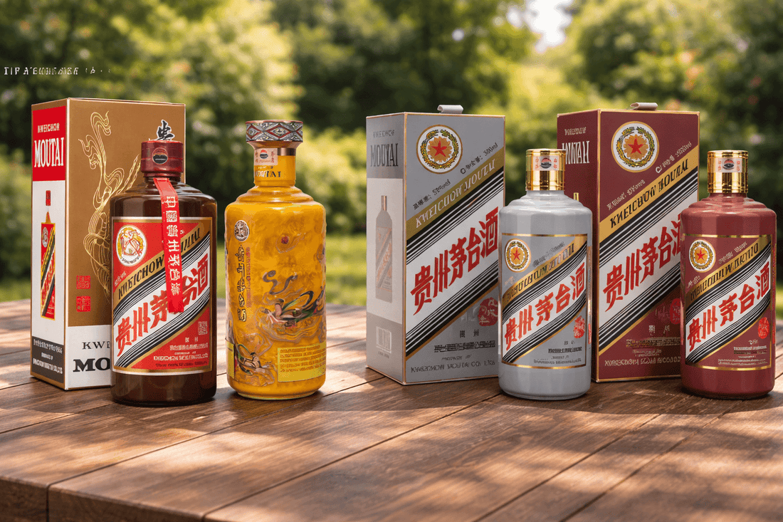 Assorted Kweichow Moutai bottles and premium baijiu varieties displayed outdoors highlighting collectible Chinese spirits