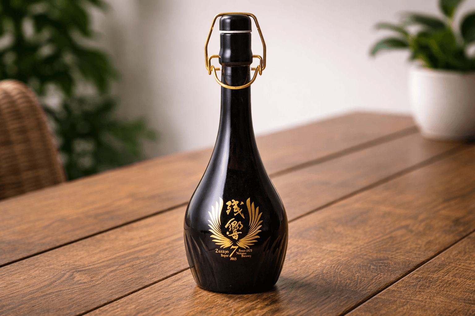 Zankyo Super 7 luxury sake bottle displayed on wooden table highlighting rare Japanese sake for collectors and gifting