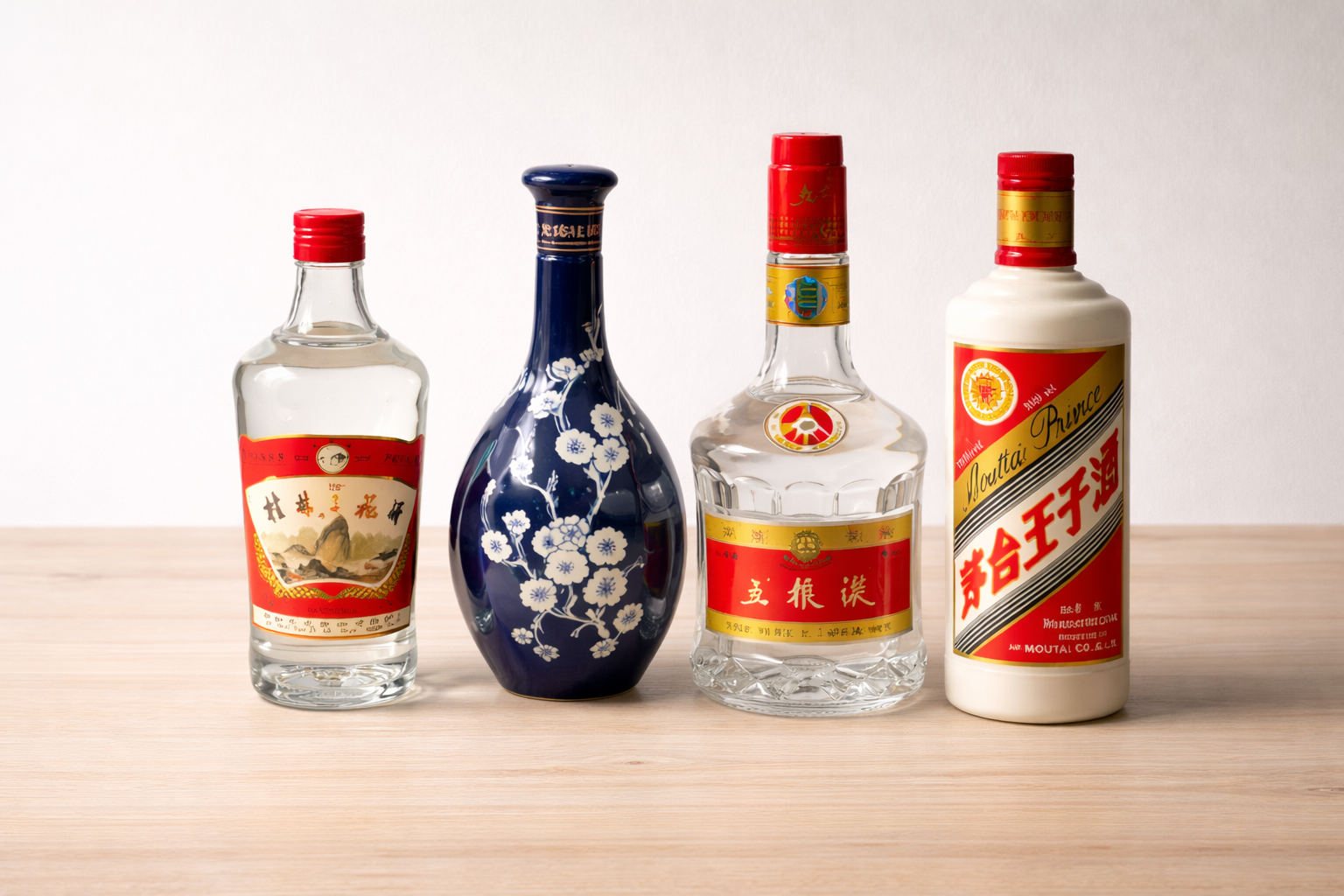 Assortment of Chinese baijiu bottles showcasing different styles, brands, and packaging designs.