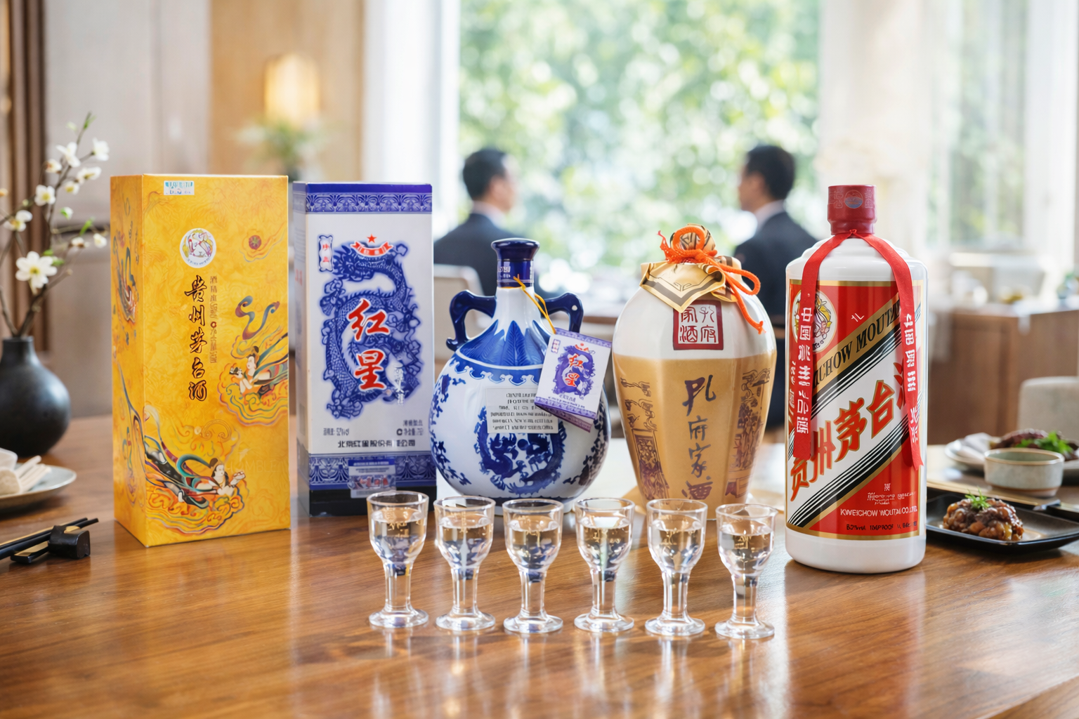 Curated collection of premium Chinese baijiu bottles displayed with tasting glasses for high-end spirits presentation.