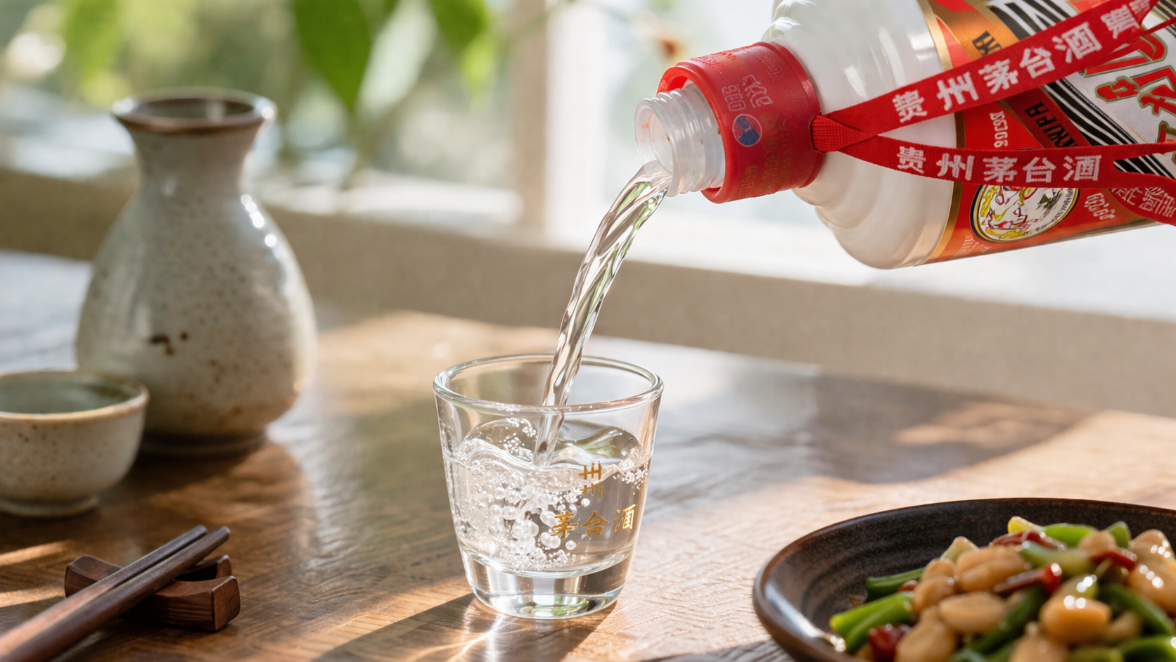 Close-up of baijiu being poured into a glass, highlighting traditional serving style and food pairing experience.