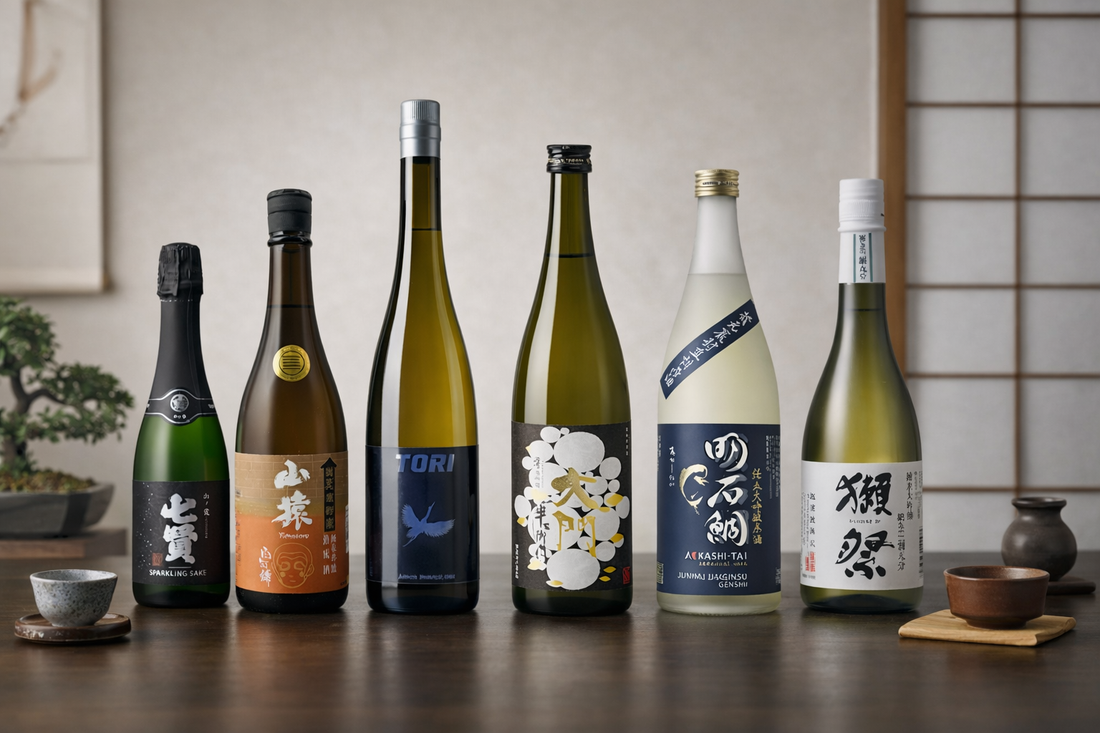 Diverse lineup of sake bottles representing a range of flavors and brewing styles.