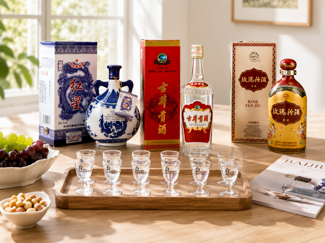 Traditional baijiu tasting presentation featuring multiple Chinese spirit bottles, tasting glasses, and food pairings in a bright dining space.