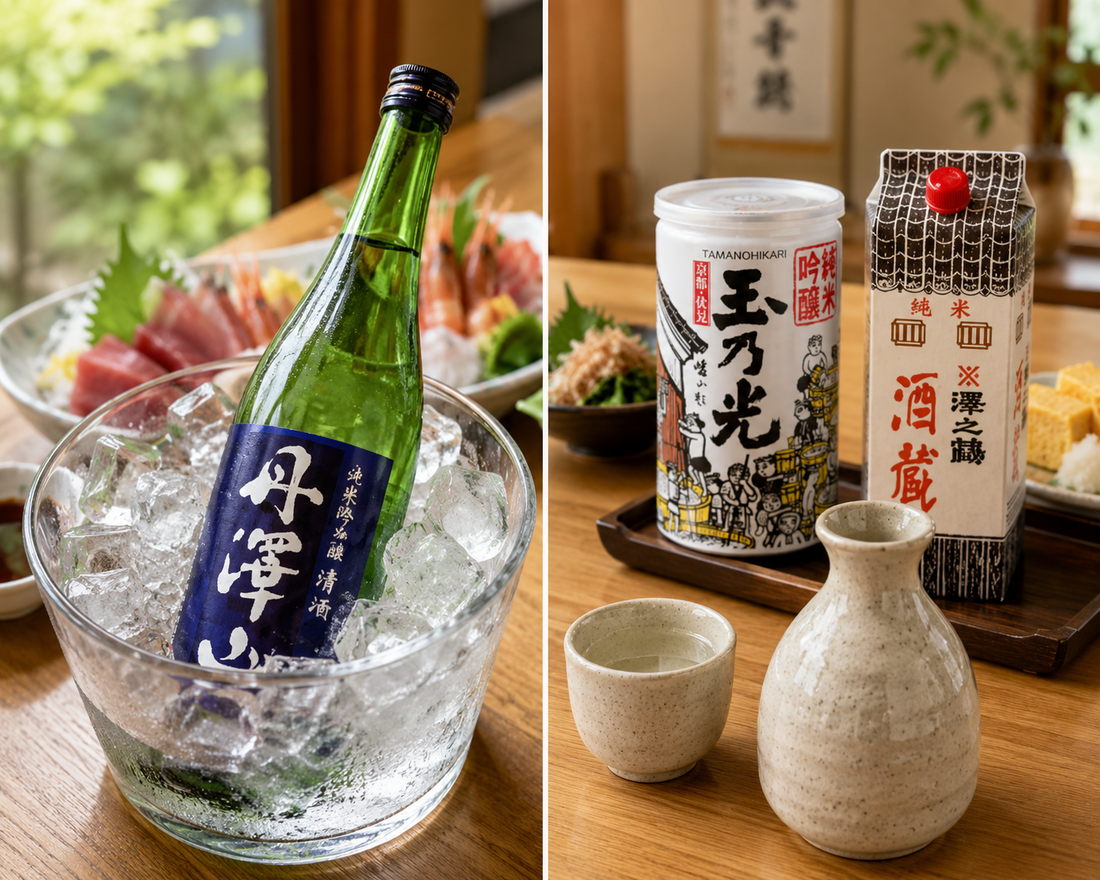 Japanese sake presentation featuring chilled bottles, ceramic serving ware, and traditional dining dishes prepared for tasting.