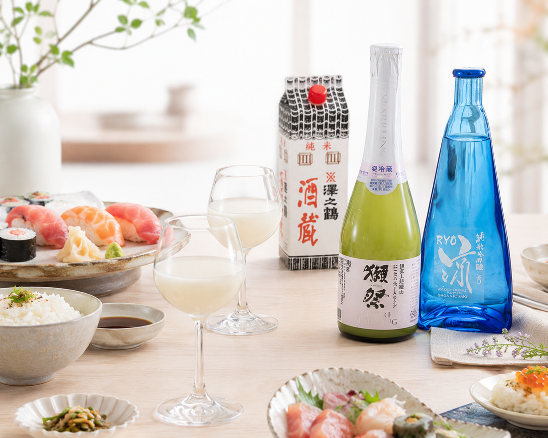 Premium Japanese sake selection paired with sushi and authentic Japanese cuisine in a minimalist dining setting.