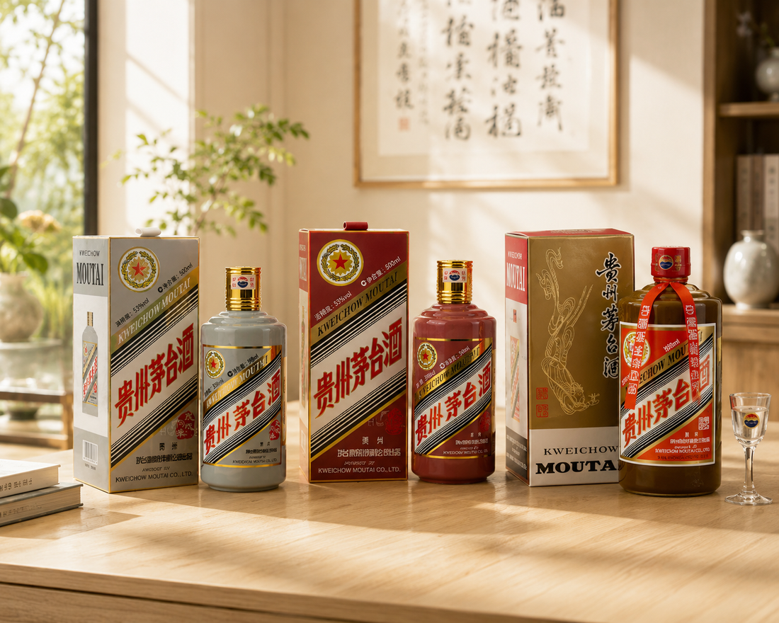 Assortment of premium Kweichow Moutai baijiu bottles and branded packaging presented in a refined indoor tasting environment.
