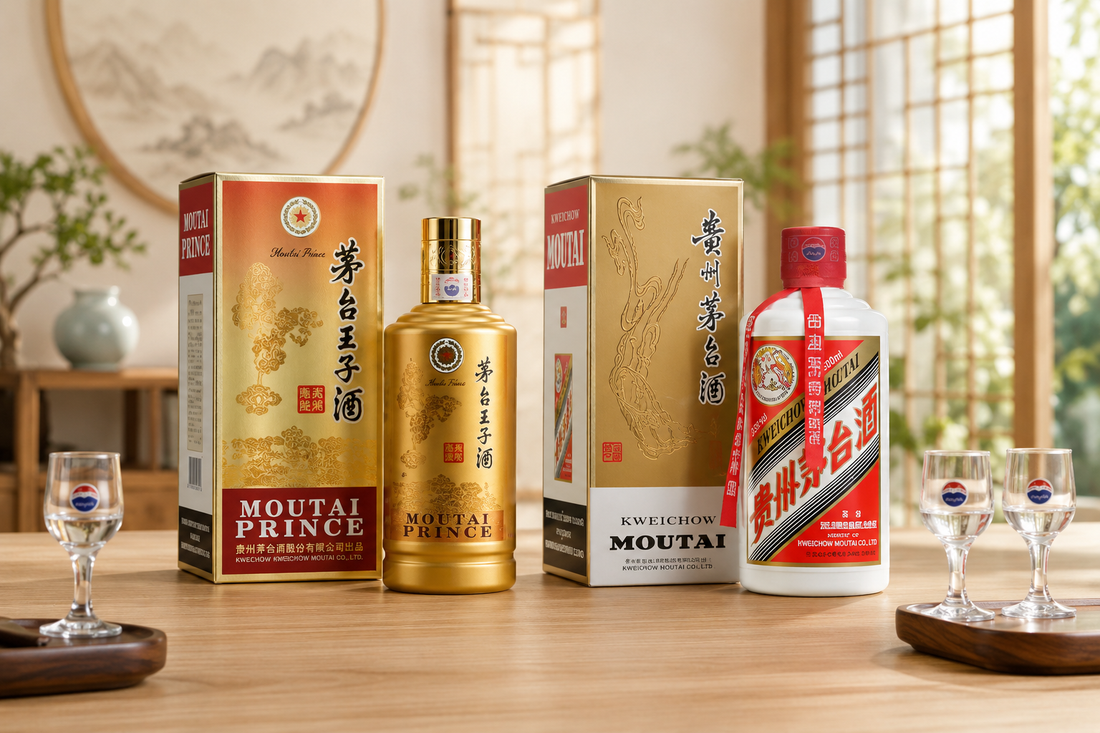 Premium Moutai baijiu collection featuring luxury branded packaging, tasting glasses, and upscale tabletop presentation.