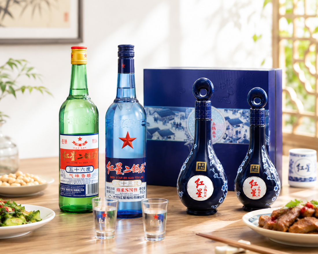 Collection of Red Star baijiu bottles and decorative ceramic spirit containers arranged alongside Asian cuisine and tasting glasses.
