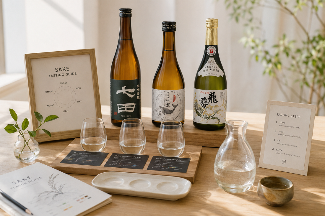 Modern sake tasting setup displaying premium sake bottles, flavor profile guides, tasting notes, and elegant serving accessories.