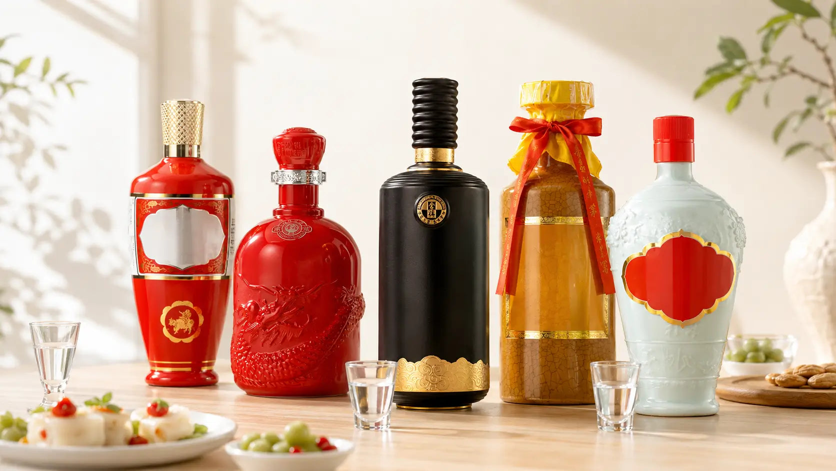 Elegant assortment of premium baijiu bottles arranged on a tasting table