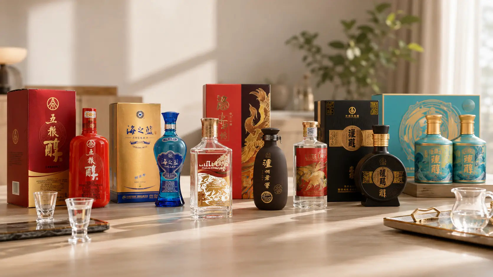 Assortment of premium baijiu bottles and gift boxes displayed for collectors and enthusiasts