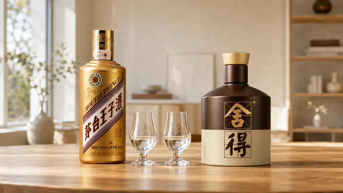 Premium baijiu bottles with tasting glasses arranged for a side-by-side spirit comparison