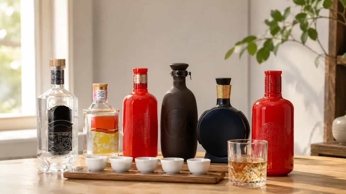 Assorted baijiu bottles with tasting cups arranged for a premium spirits tasting experience
