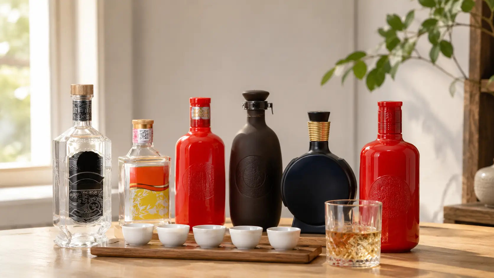 Assorted baijiu bottles with tasting cups arranged for a premium spirits tasting experience
