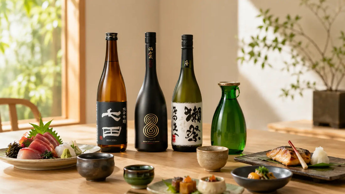 Japanese sake bottles served with sashimi and traditional cuisine on a dining table