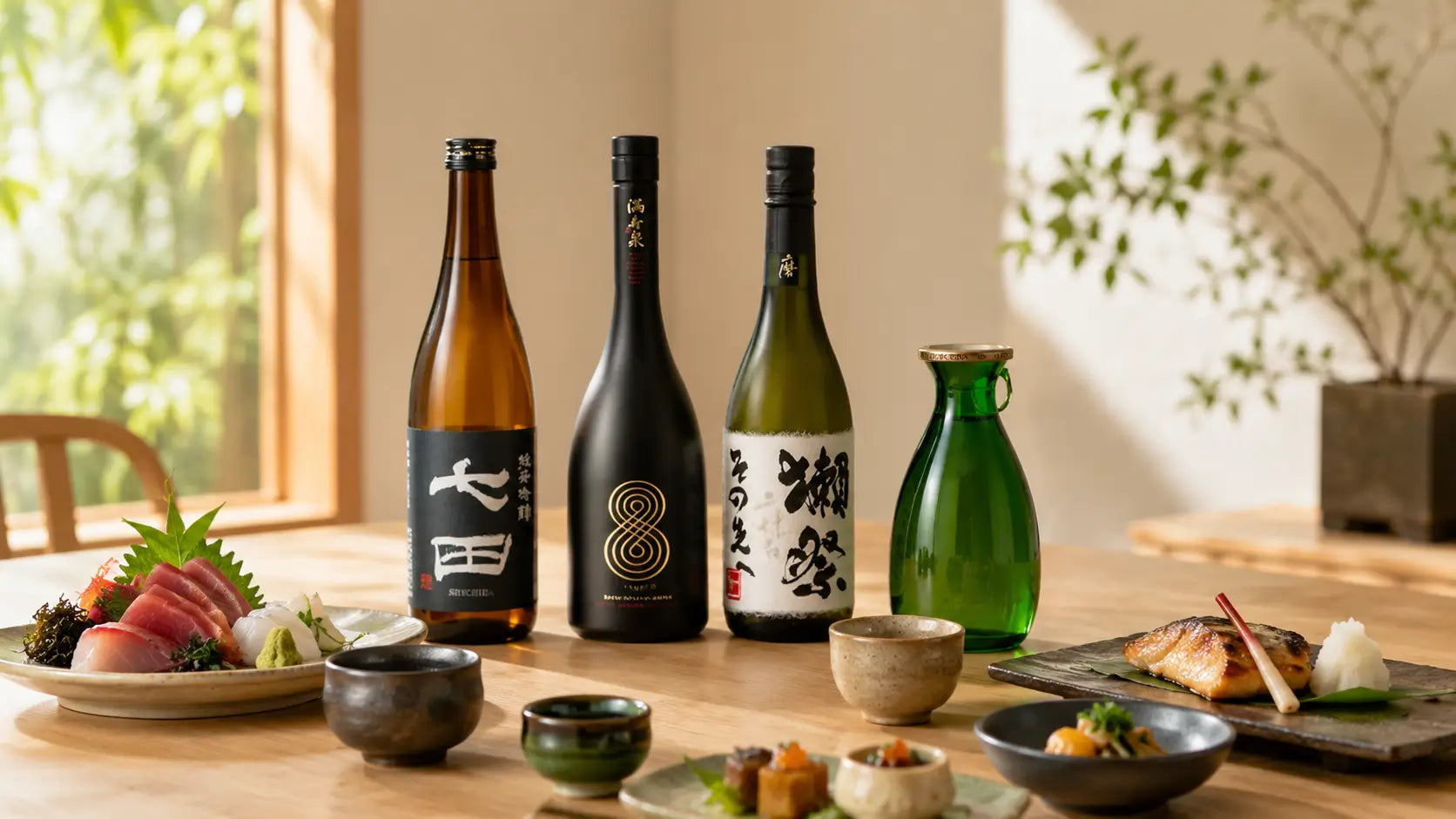 Japanese sake bottles served with sashimi and traditional cuisine on a dining table