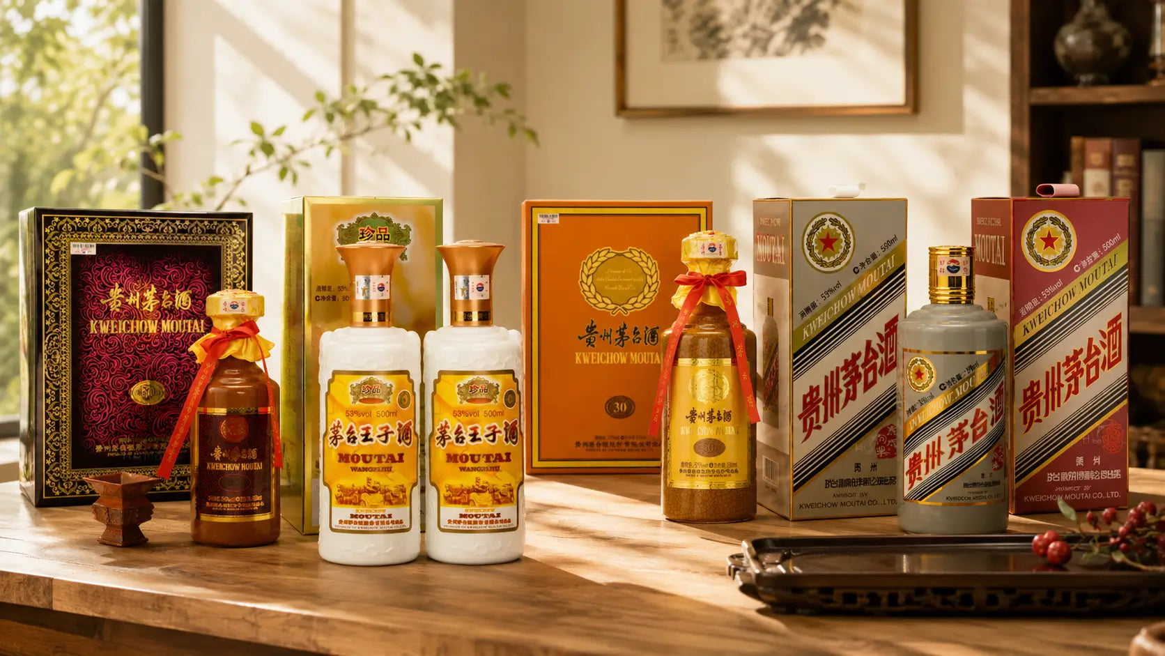Premium Moutai and baijiu bottle collection with gift packaging displayed indoors