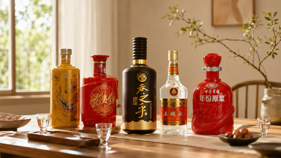 Collection of premium Chinese baijiu bottles displayed on a wooden table with tasting glasses