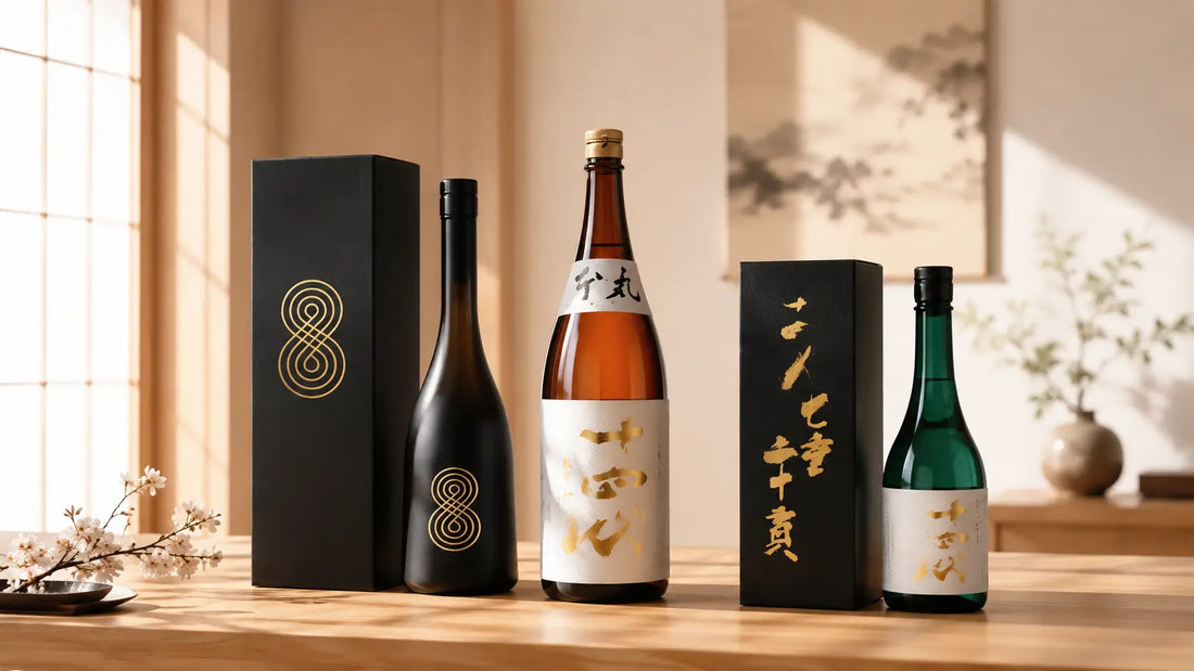 Premium Japanese sake bottles and gift boxes displayed on a wooden table