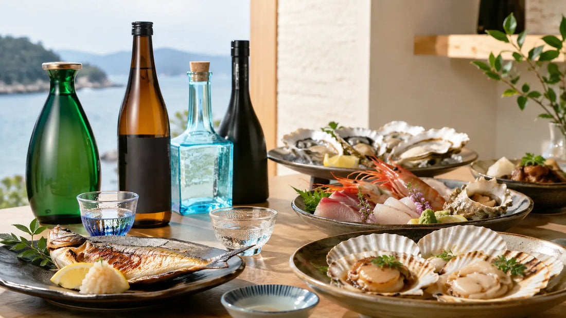 Japanese sake bottles served with seafood platter including oysters, scallops, and sashimi
