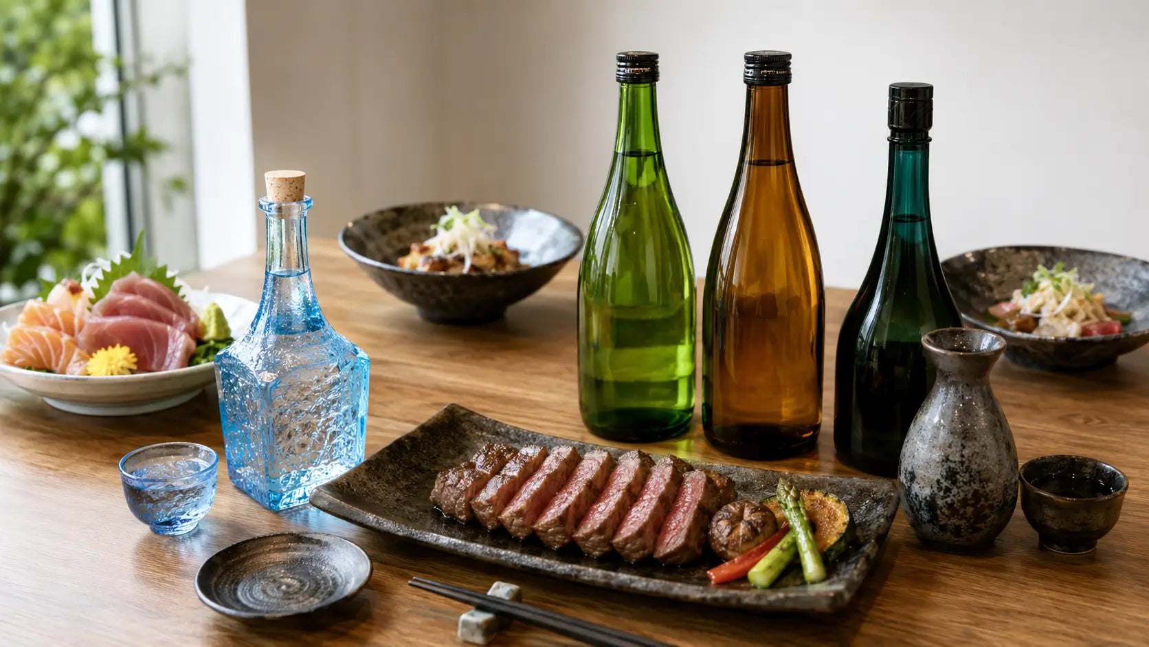 Japanese sake bottles paired with grilled steak and gourmet dining presentation