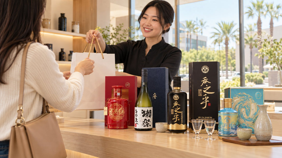 Customer receiving a gift bag beside assorted Asian liquor bottles