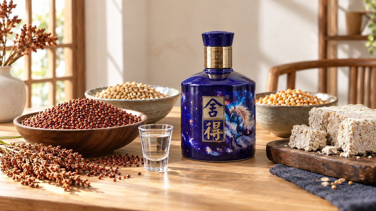 Blue Chinese liquor bottle displayed with sorghum and grains