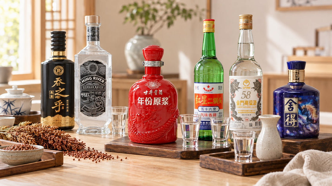 Collection of Chinese baijiu bottles with tasting glasses