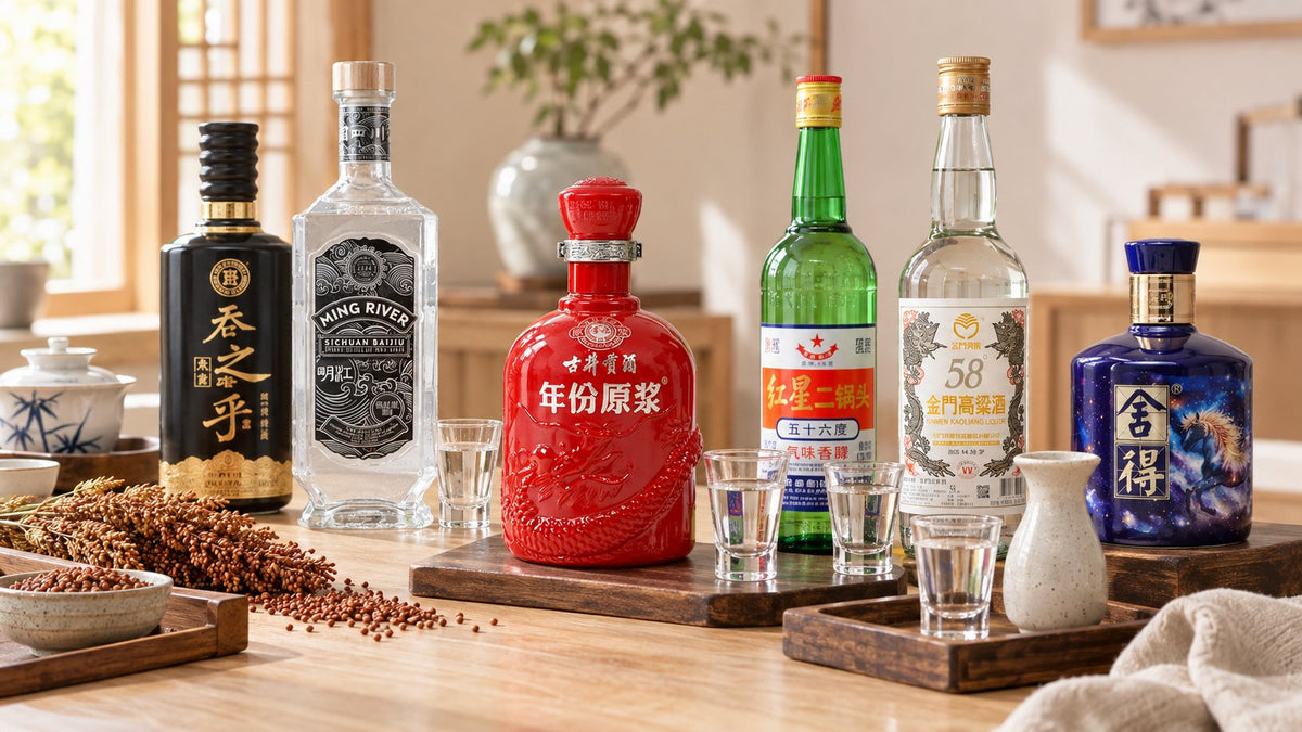 Collection of Chinese baijiu bottles with tasting glasses