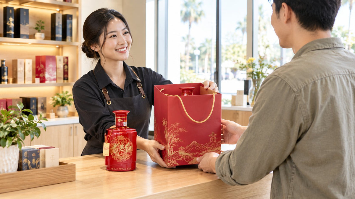 Customer receiving a red Chinese liquor gift bag at a specialty shop