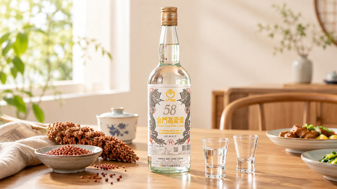 Bottle of Kinmen Kaoliang liquor with grains and serving glasses