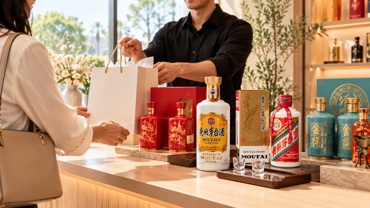 Customer receiving a gift bag beside Baijiu and Moutai bottles