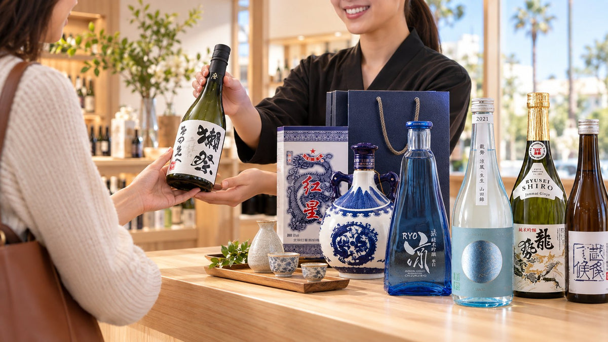 Customer viewing sake and Chinese liquor bottles at a specialty beverage store