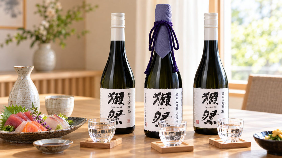 Three bottles of Dassai sake with sashimi and serving glasses