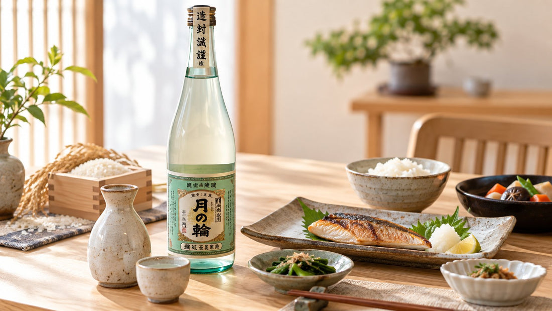 Japanese sake bottle served with grilled fish, rice, and side dishes